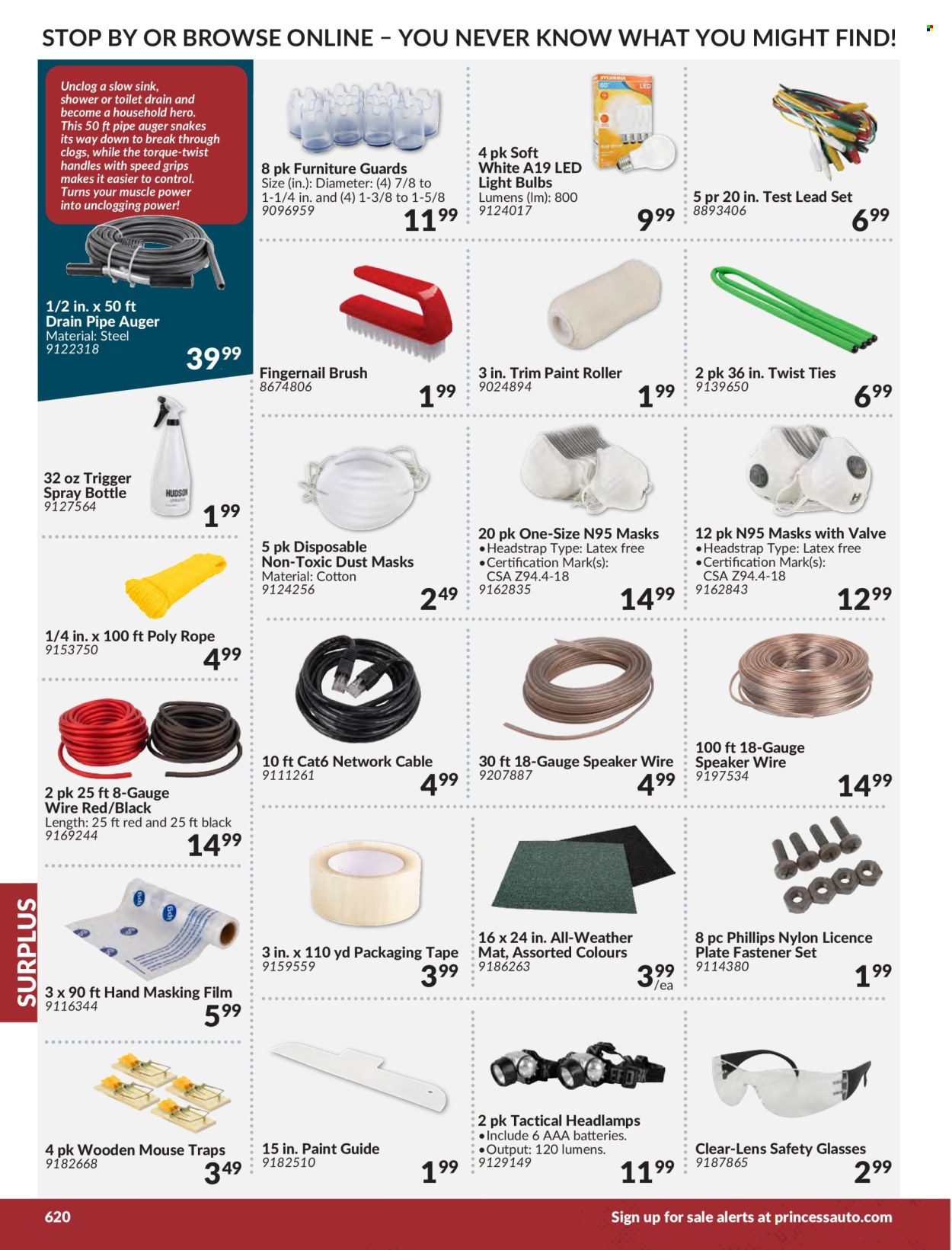 thumbnail - Princess Auto Flyer - Sales products - toilet, pipe, paint, safety glasses, brush, headlamp, rope, gauge, battery. Page 626.