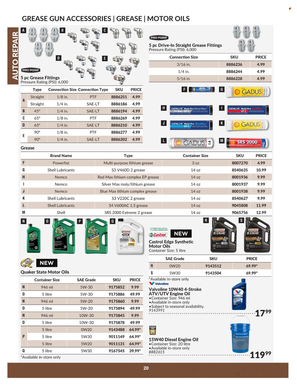 thumbnail - Princess Auto Flyer - April 23, 2024 - April 22, 2025 - Sales products - lubricant, container, motor oil, Shell, Valvoline, Castrol, Quaker State. Page 20.
