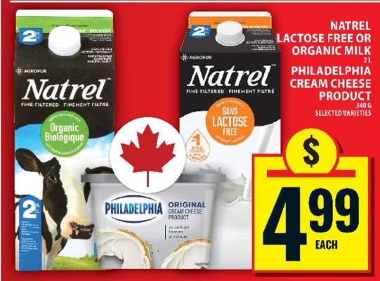 Natrel Lactose Free or Organic Milk / Philadelphia Cream Cheese Product