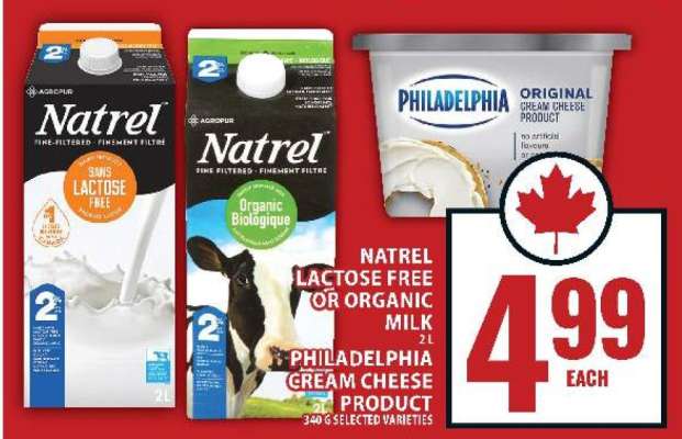 Natrel Lactose Free or Organic Milk / Philadelphia Cream Cheese Product