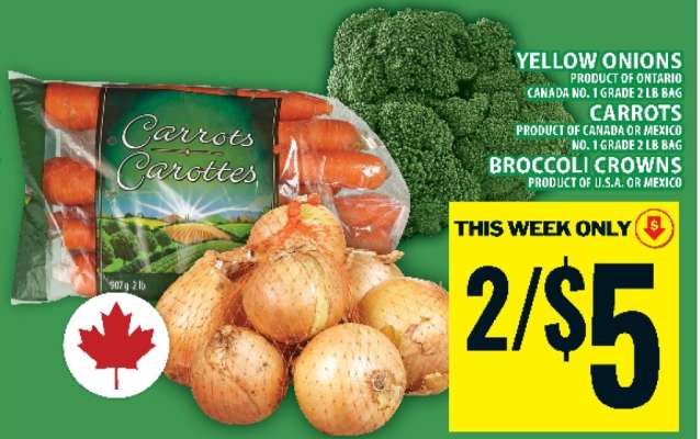 Yellow Onions, Carrots, Broccoli Crowns