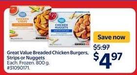 Great Value Breaded Chicken Burgers, Strips or Nuggets