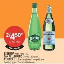 ESSENTIA Water / Eau (1L), SAN PELLEGRINO (750mL - 1L) or/ou PERRIER (1L) Sparkling Water / eau pétillante
