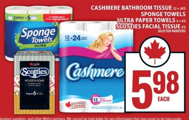 Cashmere Bathroom Tissue, Sponge Towels Ultra Paper Towels, Scotties Facial Tissue