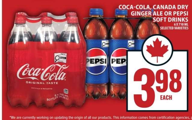 Coca-Cola, Canada Dry Ginger Ale or Pepsi Soft Drinks