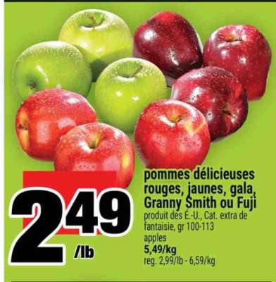 pommes délicieuses rouges, jaunes, Gala, granny smith ou fuji