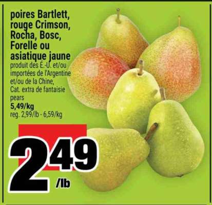 Poires Bartlett, rouge Crimson, Rocha, Bosc, Forelle ou asiatique jaune