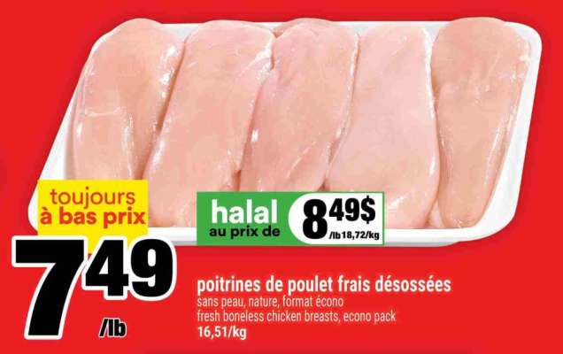 Poitrines de poulet frais désossées