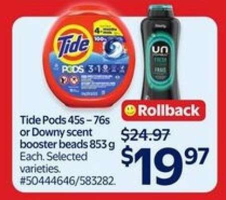 Tide Pods 45s – 76s or Downy scent booster beads 853 g