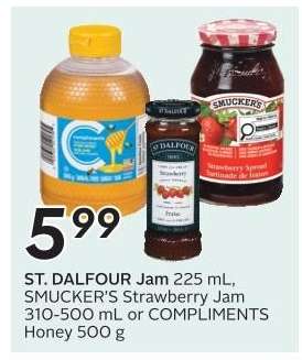 ST. DALFOUR Jam, SMUCKER'S Strawberry Jam, COMPLIMENTS Honey