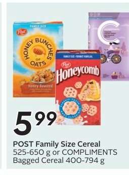 POST Family Size Cereal or COMPLIMENTS Bagged Cereal