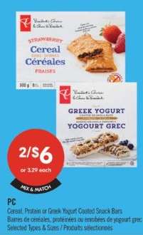 PC Cereal, Protein or Greek Yogurt Coated Snack Bars