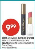 L'ORÉAL VOLUMINOUS, MAYBELLINE NEW YORK BROW FAST SCULPT GEL Mascara or REVLON GLASS SHINE Lipstick