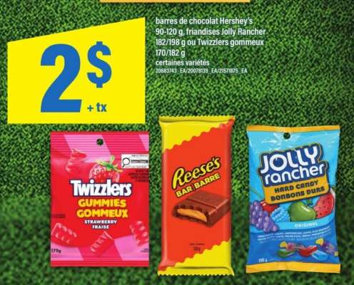 Twizzlers Gummies, Reese's Bar, Jolly Rancher