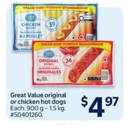 Great Value original or chicken hot dogs