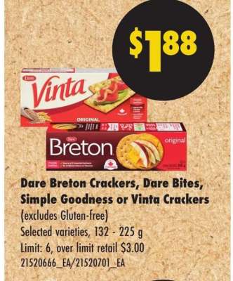 Dare Breton Crackers, Dare Bites, Simple Goodness or Vinta Crackers
