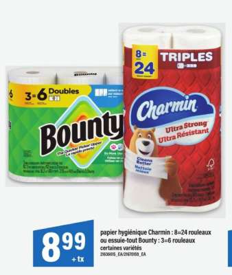papier hygiénique Charmin ou essuie-tout Bounty