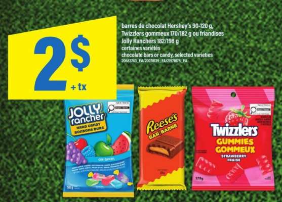 Barres de chocolat Hershey's, Twizzlers gommaux, Jolly Ranchers