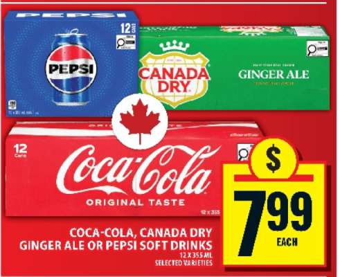 Coca-Cola, Canada Dry Ginger Ale or Pepsi Soft Drinks