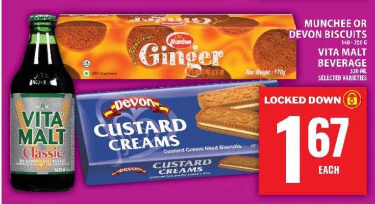 Munchee or Devon Biscuits / Vita Malt Beverage