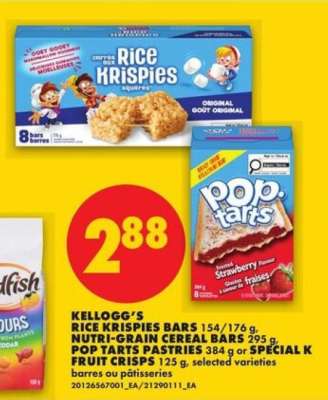 Kellogg's Rice Krispies Bars, Nutri-Grain Cereal Bars, Pop Tarts Pastries, Special K Fruit Crisps