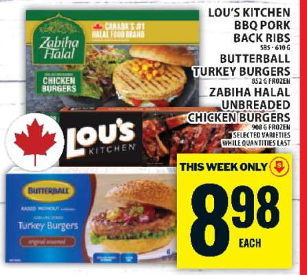 Lou's Kitchen BBQ Pork Back Ribs, Butterball Turkey Burgers, Zabiha Halal Unbreaded Chicken Burgers