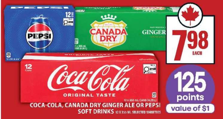 Coca-Cola, Canada Dry Ginger Ale or Pepsi Soft Drinks