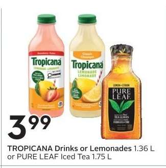 TROPICANA Drinks or Lemonades 1.36 L or PURE LEAF Iced Tea 1.75 L