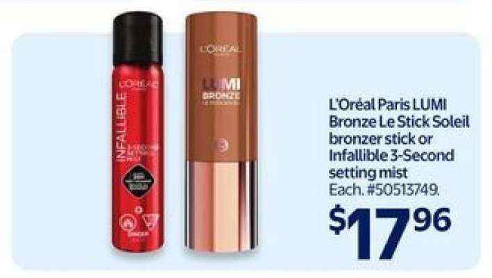 L'Oréal Paris LUMI Bronze Le Stick Soleil bronzer stick or Infallible 3-Second setting mist