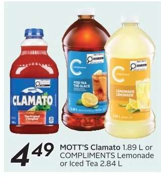 MOTT'S Clamato or COMPLIMENTS Lemonade or Iced Tea