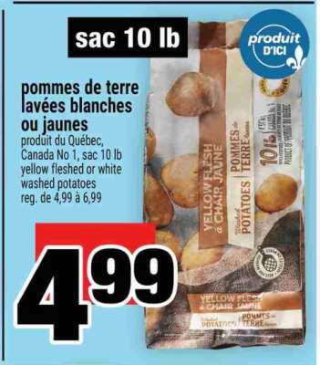 pommes de terre lavées blanches ou jaunes