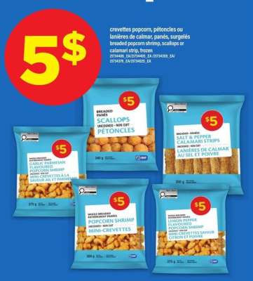 crevettes popcorn, pétoncles ou lanières de calmar, panés, surgelés