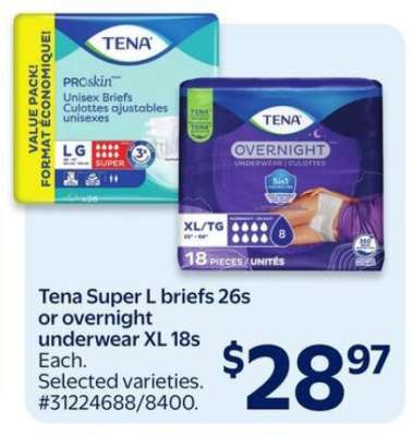 Tena Super L briefs 26s or overnight underwear XL 18s
