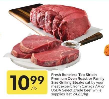 Fresh Boneless Top Sirloin Premium Oven Roast or Family Size Grilling Steaks