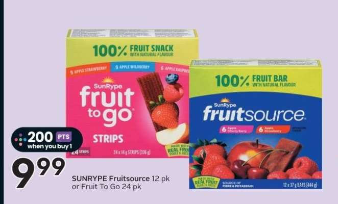 SUNRYPE Fruitsource 12 pk or Fruit To Go 24 pk