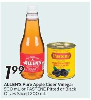 ALLEN’S Pure Apple Cider Vinegar or PASTENE Pitted or Black Olives Sliced