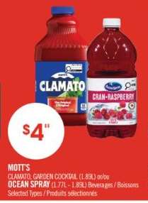 MOTT'S CLAMATO, GARDEN COCKTAIL or OCEAN SPRAY