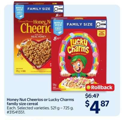 Honey Nut Cheerios or Lucky Charms family size cereal