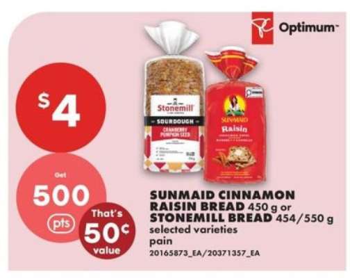 SUNMAID CINNAMON RAISIN BREAD 450 g or STONEMILL BREAD 454/550 g
