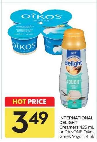 INTERNATIONAL DELIGHT Creamers 425 mL or DANONE Oikos Greek Yogurt 4 pk