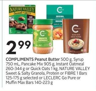 Compliments Peanut Butter, Syrup, Pancake Mix, Instant Oatmeal, Quick Oats, Nature Valley Bars, Leclerc Bars