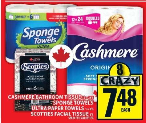 Cashmere Bathroom Tissue, Sponge Towels Ultra Paper Towels, Scotties Facial Tissue