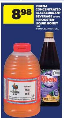 Ribena Concentrated Blackcurrant Beverage or Rooster Liquid Honey