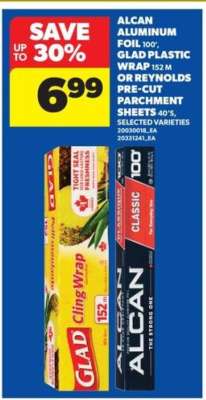 Alcan Aluminum Foil, Glad Plastic Wrap, or Reynolds Pre-Cut Parchment Sheets