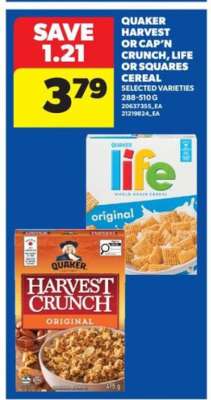 Quaker Harvest or Cap'n Crunch, Life or Squares Cereal