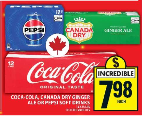 Coca-Cola, Canada Dry Ginger Ale or Pepsi Soft Drinks