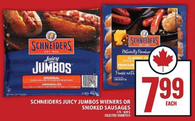 SCHNEIDERS JUICY JUMBOS WIENERS OR SMOKED SAUSAGES