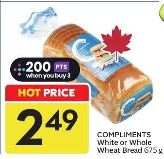 COMPLIMENTS White or Whole Wheat Bread 675 g