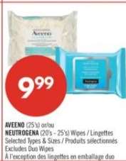 AVEENO (25's) or/or NEUTROGENA (20's - 25's) Wipes / Lingettes