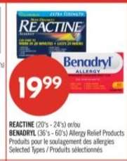 REACTINE (20's - 24's) or/or BENADRYL (36's - 60's) Allergy Relief Products